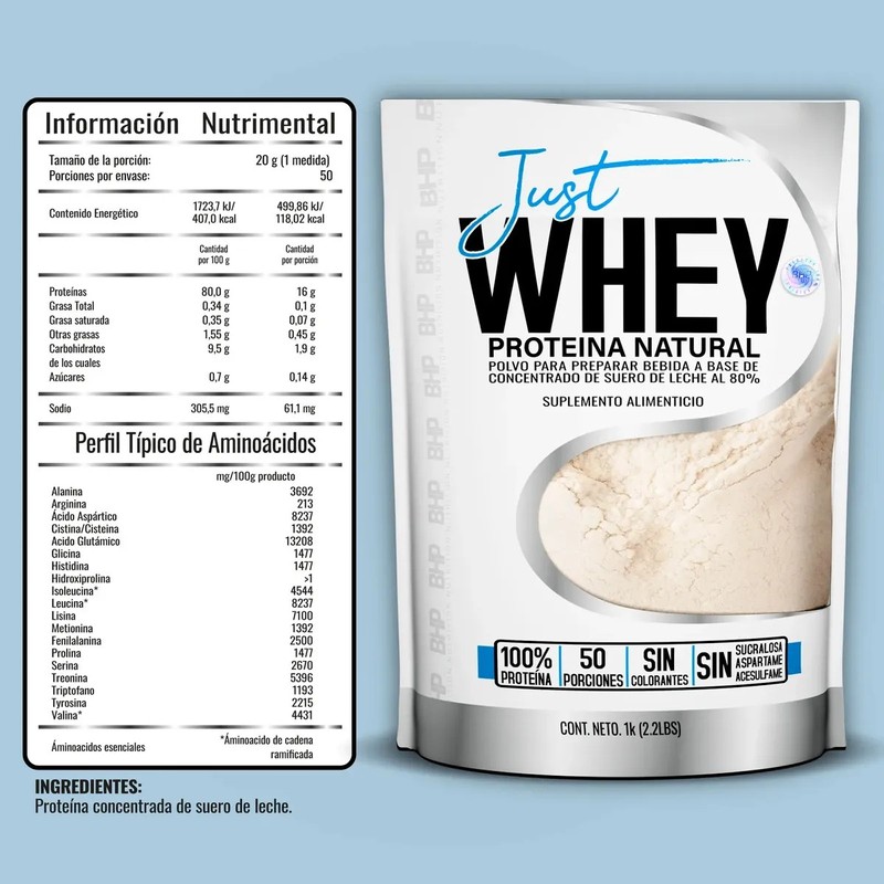 Proteína Whey BHP Nutrition Natural, 1 kg de Polvo Sin