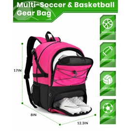 Hsmihair Soccer Backpack with Ball Holder &Soccer bag With Shoe Compartment, Water-Resistant Sports Bag for Basketball, Football, Volleyball (Pink)