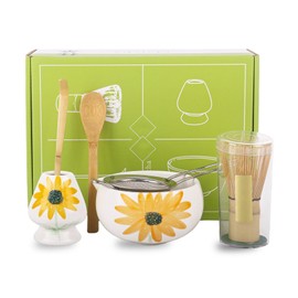 6 Piece Sunflower Matcha Set–Matcha Kit with Ceramic Bowl, Matcha Whisk Holder, Whisk, Spoon, Scoop & Sifter–Matcha Gift for Beginners & Experts