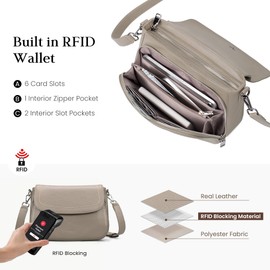 befen Real Leather Crossbody Purse for Women, Anti-Theft Womens Medium Size Saddle Purses Handbags Bag with Built in RFID Blocking Wallet Taupe
