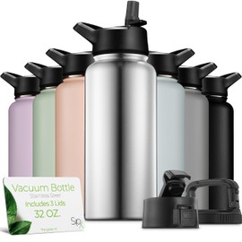 SipX™ Triple-Insulated Stainless Steel Water Bottle 32oz. With 3 Lids, BPA-Free Reusable Insulated Water Bottle Keeps Cold 24 Hours, Metal Water Bottle Made Of Sustainable Material For Hiking & Biking