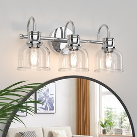 PHIXART 3 Lights Bathroom Vanity Light Fixtures, Chrome Traditional Classic Vanity Light with Clear Glass, Bathroom Lighting Fixtures Over Mirror