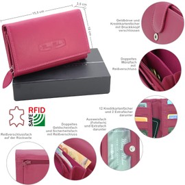 Money Maker - Women's Leather Wallet - Lots of Storage Space - Large Wallet with RFID Protection, Fuchsia (Pink), rfid wallet