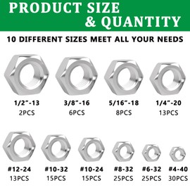 Aienxn 153PCS Hex Nut Set, 304 Stainless Steel Hardware Nuts, 10 SAE Sizes - 4#40, 6#32, 8#32, 10#24, 10#32, 12#24, 1/4-20, 5/16-18, 3/8-16, 1/2-13, Hex Nut Kit