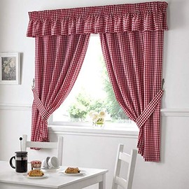Gingham Check Kitchen Tape Top Curtains - Red (46" Wide x 42" Drop)