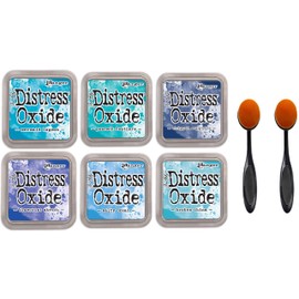 Tim Holtz Ranger Distress Oxide Ink, 6 Blues, Mermaid Lagoon, Peacock Feathers, Chipped Sapphire, Blueprint Sketch, Salty Ocean, Broken China, 6 Inks, 2 Carnora Ink Blending Brushes, 8 Item Bundle