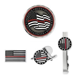 PinMart's Thin Red Line Suit Accessories Men's Gift Set Including Tie Clip, Lapel Pin, Challenge Coin and Cufflinks within a Presentation Box