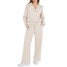 Prinbara Women 2 Piece Outfits Lounge Sets 2024 Winter Oversized Sweatshirt Wide Leg Pant Casual Matching Sweat Set Tracksuit Apricot Medium