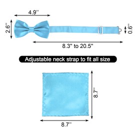 Adjustable Bowtie and Pocket Square Men Bowtie and Handkerchief Solid Color Double Fold Pre-Tied Bow Tie for Wedding Party - Blue
