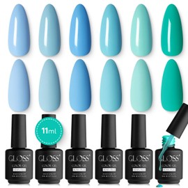 Gloss Blue Gel Nail Polish Set | 6 Pcs Hema Free Gel Polish with Light Blue, Baby Blue, Blue, Teal, Aquamarine & Pastel Green Colors, UV LED Gel Polish, DIY Nail Manicure at Home Gifts for Girls