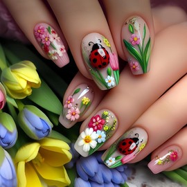 Coffin Press on Nails Medium Spring Fake Nails with Colorful Flower Ladybug Designs Medium Flower False Nails Coffin Glue Nails Acrylic Artificial Nail Tips Glue Nails Stick Nails for Women Girls