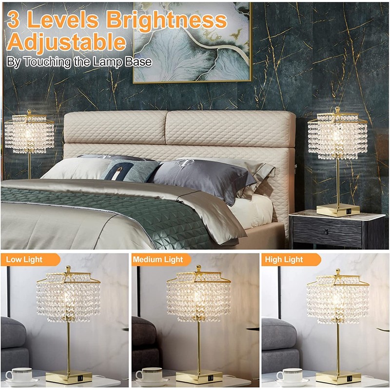 Luvkczc Set of 2 USB Bedside Crystal Table Lamp Gold,