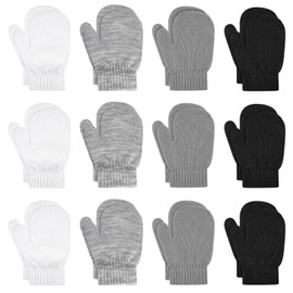 ONESING 12 Pairs Toddler Mittens Kids Knit Warm Mittens Children Solid Winter Gloves for Baby Girls Boys Black White Light grey Dark gray 4-6