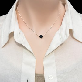 Tiny Dainty Black Onyx Four Leaf Clover Bead Necklace on Sterling Silver Chain - Birthday, Anniversary Gift for Mom Wife Girlfriend, Charm Layering Choker Necklace (14 inches + 2-inch extender)