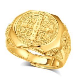 EUDORA 18K Gold Plated Sterling Silver St Benedict Ring San Benito Rings for Women Men, Gold Saint Benedict Amulet Adjustable Ring Christian Catholic Jewelry Gifts for Women Mens Mother Father