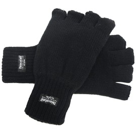 Men's Extra Warm Winter Fingerless Gloves 40g Thinsulate Lining Black L/XL