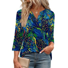 LOMON Fall Outfits for Women 2025 V Neck 3/4 Length Sleeve Boho Tops for Women Yellow and Blue Feathers S