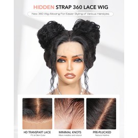 Hidden Strap 360 Glueless Lace Front Wigs Human Hair Pre Plucked 200 Density Deep Wave 360 HD Full Lace Human Hair Wigs With Invisible Drawstring for Black Women 18 Inch
