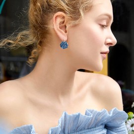 unixmoment Bohemian Sparkly Crystal Flower Leverback Earrings Rhinestone Floral Dangle Drop Earrings For Women (Blue)