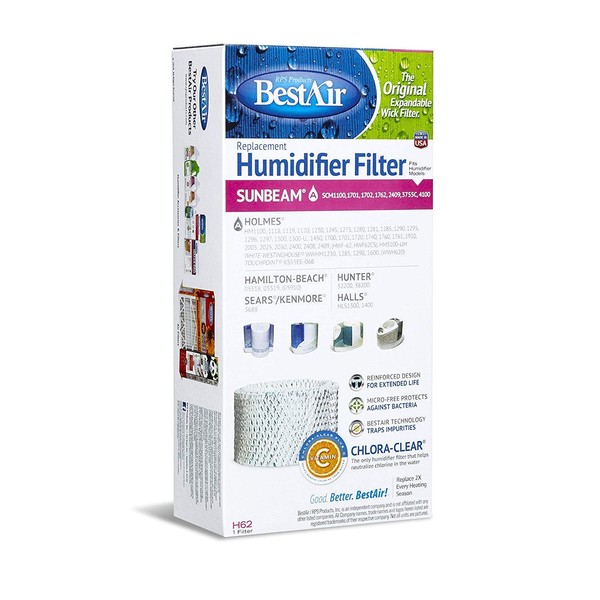 BestAir H62-PDQ-4 Extended Life Humidifier Replacement Paper Wick Humidifier Filter, 4.5" x 2.5" x 9.2", For Holmes, Sunbeam, Touch Point, Halls, White-Westinghouse & Hamilton-Beach Models, 4 Pack