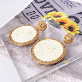 Big Boho Bohemia Round Earrings Summer Straw Earrings Statement Earrings for Women (White, One size)