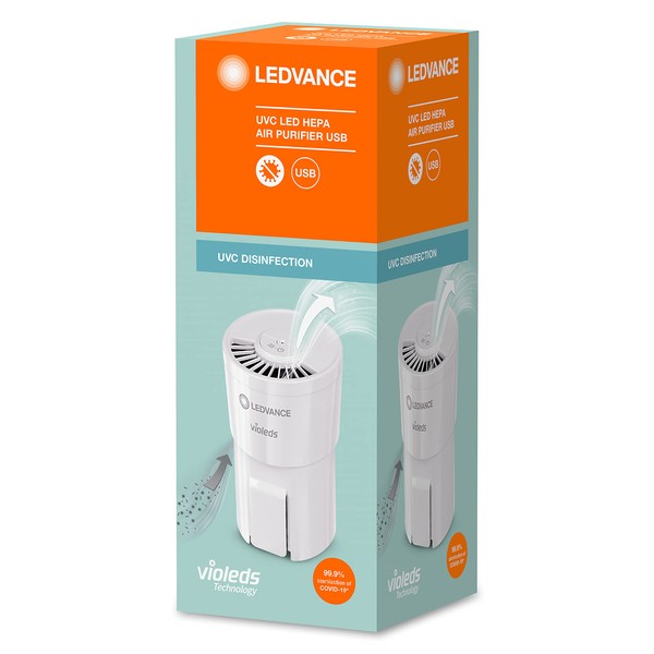 LEDVANCE UVC HEPA Air Purifier, Air Purifier with Full UV-C Power for Disinfecting the Air of Viruses and Bacteria and for a Pleasant Indoor Climate, Mobile and Can Be Used Anywhere via USB Cable