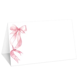 Pink Bow Place Cards, Set of 25 Tent Name Cards for Table Setting, Food Label for Wedding, Baby Shower, Birthday Dinner Party Supplies -015