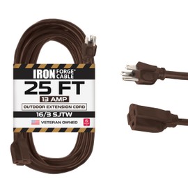 Iron Forge Cable Brown Outdoor Extension Cord 25 ft, 16/3 SJTW 25 Foot Dark Brown Exterior Extension Cord 3 Prong, Weatherproof 13 Amp Heavy Duty Brown Power Cable for Outside, Patio, Landscaping
