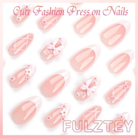 FULZTEY Medium Press on Nails,Pink Fake Nail Tips for Women,3D Bow Flower Acrylic Fake Nails,12 Sizes Glossy Full Cover French Tip Press on Nails for DIY Nail Art Design Nail Salon Decoration 24 PCS