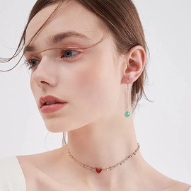 Hook Green Jade Drop Hanging Threader Earring for Women, 925 Sterling Silver Jade Drop Earrings, Good Luck Dangle Earrings Birthday Anniversary Christmas Gift (Hook)