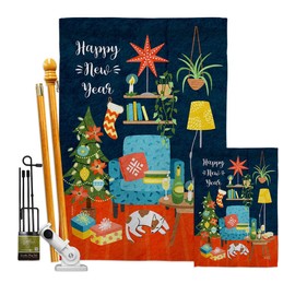 New Year Happy Place Garden House Flags Kit Clock Countdown Champagne Party Fireworks Celebrate Small Decorative Gift Yard Banner Made In USA 28 X 40