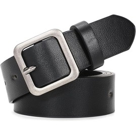 SANSTHS Women’s Leather Belts for Jeans Pants Dresses Fashion Ladies Black Belt with Square Silver Buckle, Black M