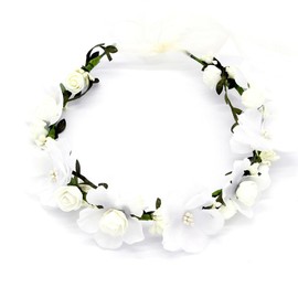 Flower Branch Tiara Crown Headband for Women Cute Fabric Cherry Rose Floral Leaves Hair Accessories Dainty Wedding FlowerGirls Page Boy Flower Wreath Adjustable Ribbon Jewelry(White)