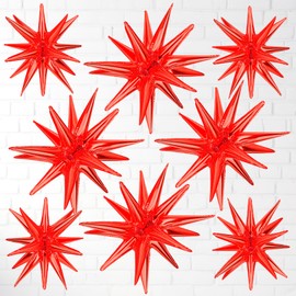 8pcs 14-Pointed One-Piece Exploding Star Large Foil Mylar Balloons, 27 & 22 Inches, Point Star Balloons, Cone Balloons, Great for Birthdays, Baby Showers, Wedding & Anniversary Parties! (Red)