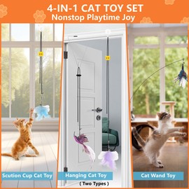 Kojude 4-in-1 Interactive Cat Wand Feather Toys,Wand Self-Holding Suction Cups Base,Include Detachable 2 Simulation Bird Toy and 3 Feathers Toys,2 Types Hanging Door Kitten Toy
