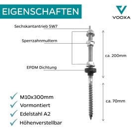 Vooxa Hanger Bolts M10 x 300 Pre-Assembled Stainless Steel V2A A2 Height Adjustable for Photovoltaic Solar Mounting on Building Roofs, Pack of 4
