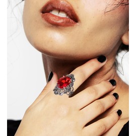 Aprilery Black Onyx Rings, Vintage Silver Statement Ring Marcasite Fashion Cocktail Ring Jewelry for Women Crystal Onyx Stone RingsGirls Teens (Red Floral, 9)