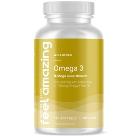 Feel Amazing Omega 3 Fish Oil: One-a-Day (Full-Year 360-Day Supply) - 1000mg Fish Oil per Softgel with 180mg EPA, 120mg DHA & 3mg Vitamin E - Premium Heart & Brain Health Boost by Feel Amazing