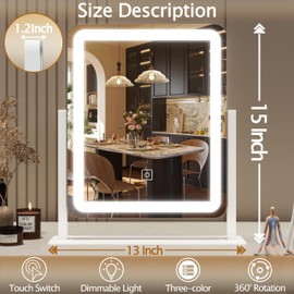 HNV Vanity Mirror with Lights - 15"x12.6" LED Lighted Makeup Mirror, Dimmable Touch Screen with 3-Color Lighting, 360° Rotation, Aluminum Frame for Vanity Desk Tabletop, Bedroom,White