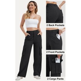 AVAMO Cargo Pants for Women with Pockets High Waist Lightweight Stretchy Hiking Casual Streetwear Baggy Wide Leg Pants Black L