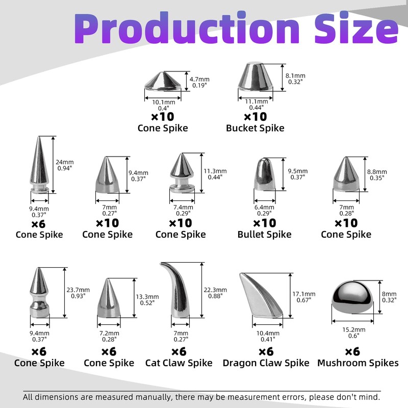 Swpeet 98Pcs Mixed Shape Spikes Screwback Studs Rivets Kit (Silver)