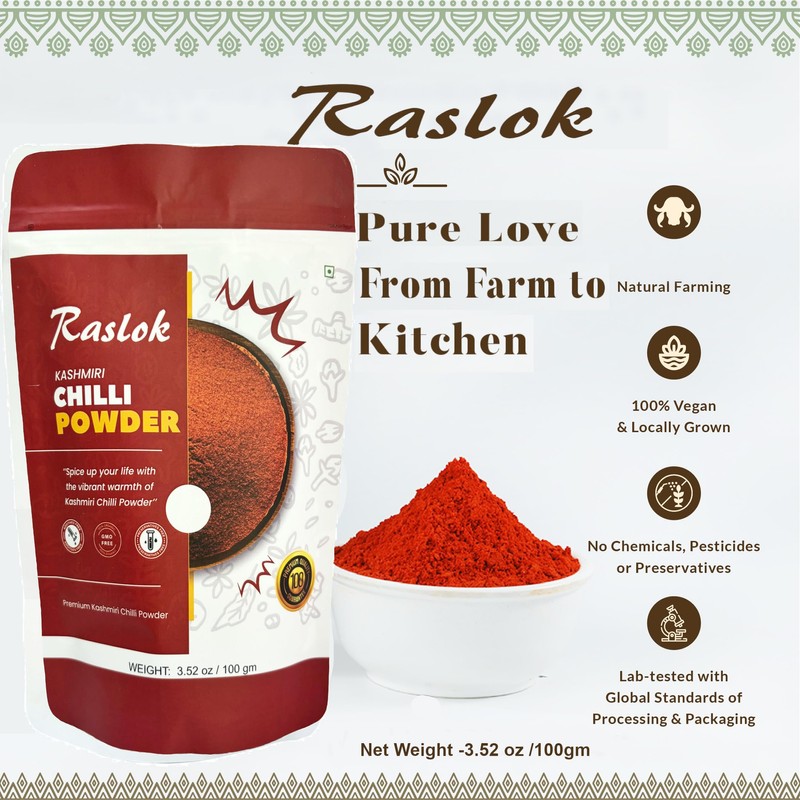 Raslok 100% Pure Kashmiri Chilli Powder 100gm - 3.52oz (Deggi