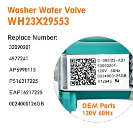 WH23X29538 Water Inlet Valve (OEM Part) Fit for GE Washer Replaces 33090201, 4977241, AP6990115, PS16217225, EAP16217225, 0024000126GB Washing Machine Parts.