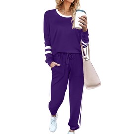 Aloodor Sweat Suits for Womens Cute Outfits with Striped Sleeve Pueple L