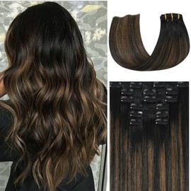 Ukira Extensiones De Cabello Real Cabello Humano Clip Ins, Balayage Extensiones De Cabello 22" 120G Natural Negro A Castaño Castaño Clip Sin Costuras Extensiones De Cabello Natural Recto Remy Extensio