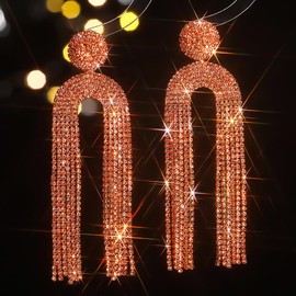 Octwine Women Statement Black Blue Pink Rhinestone Tassel Long Earrings Sparkly Long Rhinestones Chandelier Dangle Drop Earrings Bridal Wedding Party Prom Earrings Dangle Earrings for Women, Large,