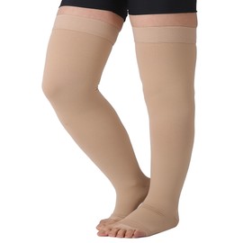 TOFLY® Medias de compresión hasta el muslo para mujeres y hombres (par), puntera abierta, opacas, soporte firme, compresión graduada de 15-20 mmHg con banda de silicona, venas varicosas, hinchazón, edema, DVT beige, 3XL