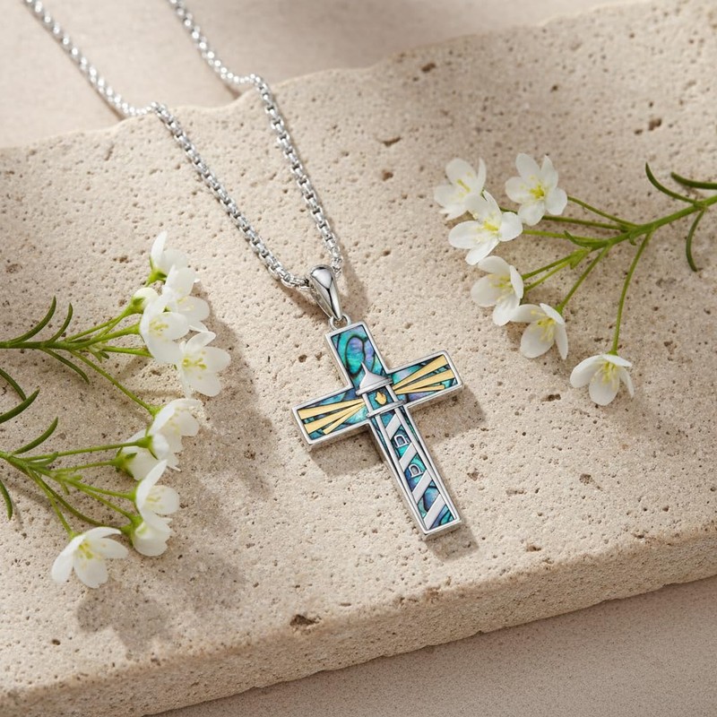 JBAERD Lighthouse Necklace 925 Sterling Silver Lighthouse Cross Pendant Necklace