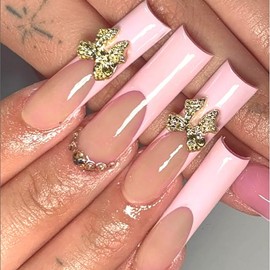 Pink French Tip Press on Nails Long Square OFDNE Cute Fake Nails False Nails with Gold Bow Charm Rhinestones Designs Glossy Glue on Nails Acrylic Nails for Women Girls 24Pcs