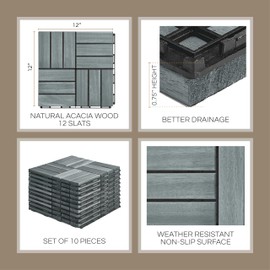 THYOI Deck Tiles, Patio Flooring - Outdoor Waterproof Acacia Wood Tiles for All Weather Use - Balcony, Backyard, Indoor & Outdoor (Grey Crossed Pattern, 10 Pcs - 10 Square Ft)